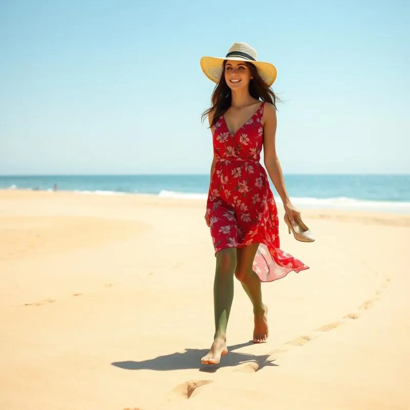 Garota de programa tirando fotos para um book rosa na praia, usando biquíni sensual e chapéu elegante, com um cenário paradisíaco ao fundo. 🌊📸